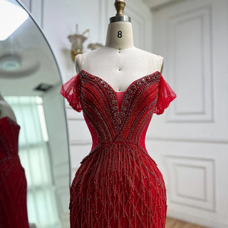 Ships in 2 to 5 Days -2025 Custom Saudi-Style Off-Shoulder Beaded Nude Tulle Mermaid Evening Dress – Formal Occasion Gown