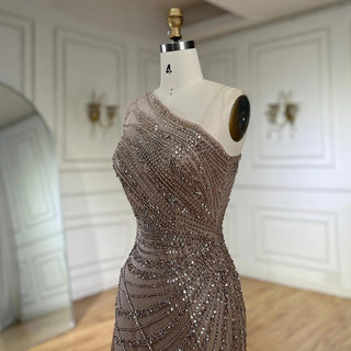 Ships in 2 to 5 Days - Mint Mermaid One-Shoulder With Overskirt Beaded Feathers Evening Dress - Gown for Women's Wedding Party