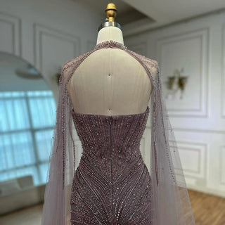 Ships in 2 to 5 Days -Caramel Beaded Feathered Mermaid Evening Dress with Detachable Cape Sleeves – Gown for Formal Occasions