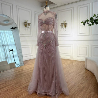 Ships in 2 to 5 Days - Luxury Nude Beaded Arabic-Style Evening Dress – Elegant Gown with Detachable Overskirt
