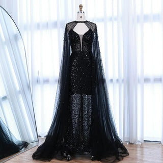 Ships in 2 to 5 Days - Luxury Purple Beaded Sequin Mermaid Evening Gown with Cape – Elegant Formal Dress