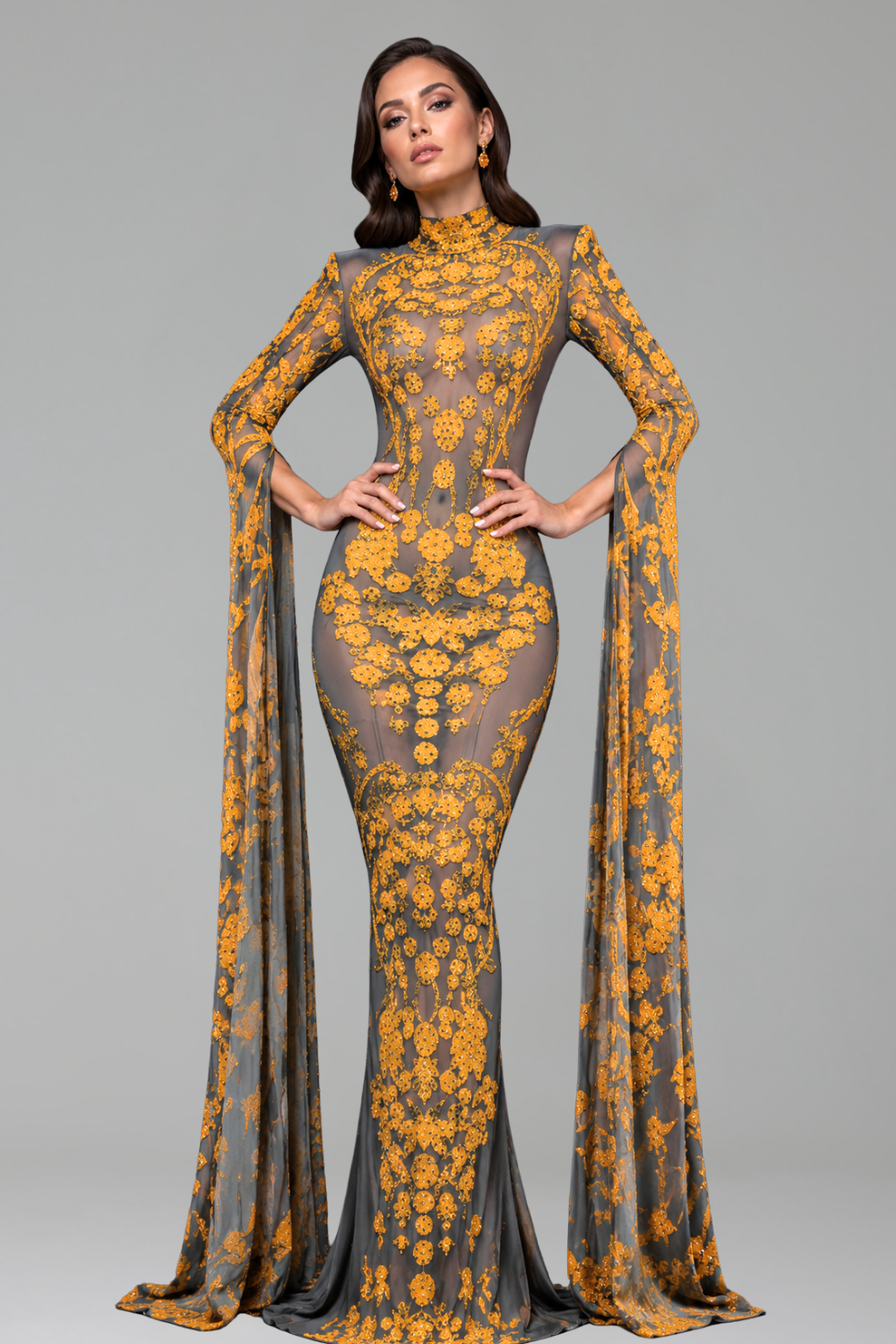 Embroidered Illusion Cape Sleeve Gown - LAROSABRIDE