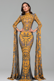 Embroidered Illusion Cape Sleeve Gown - LAROSABRIDE