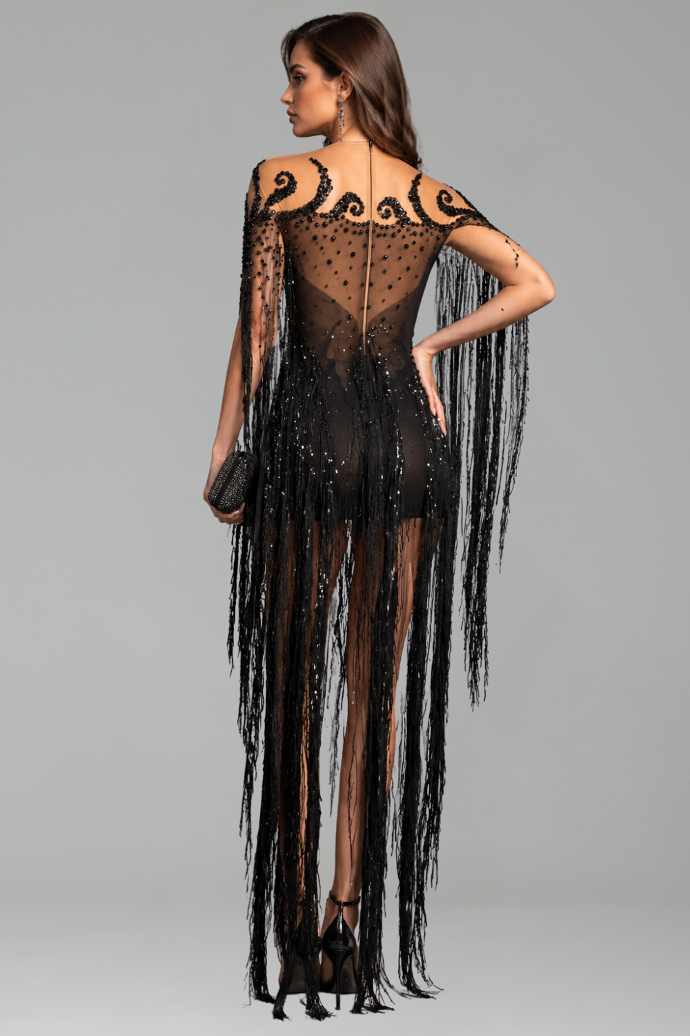 Off-Shoulder Embellished Fringe Mini Dress - LAROSABRIDE