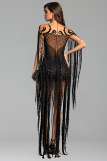 Off-Shoulder Embellished Fringe Mini Dress - LAROSABRIDE