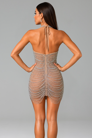 Crystal Chain Halter Mini Dress - LAROSABRIDE