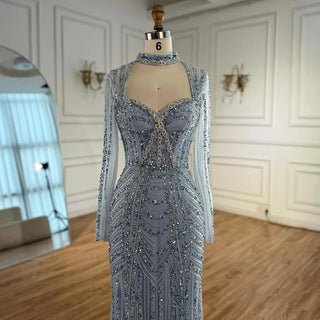 Ships in 2 to 5 Days - 2025 Caramel Beaded Mermaid Evening Gown – Long Sleeve Formal Dress for Weddings & Parties