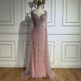 Ships in 2 to 5 Days - Luxury Beige-Pink Beaded Evening Gown – 2025 Formal Dress with Cape Sleeves
