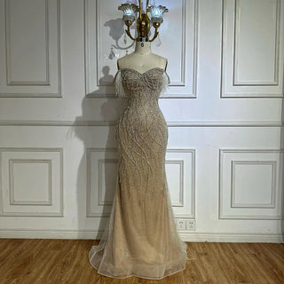 Ships in 2 to 5 Days -2025 Custom Nude Beaded Mermaid Evening Dress – Formal Gown with Feathered Details