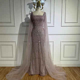 Ships in 2 to 5 Days - Luxury Caramel Saudi-Inspired Evening Dress – Elegant Gown with Long Sleeves and Flowing Cape