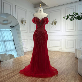 Ships in 2 to 5 Days -2025 Custom Saudi-Style Off-Shoulder Beaded Nude Tulle Mermaid Evening Dress – Formal Occasion Gown