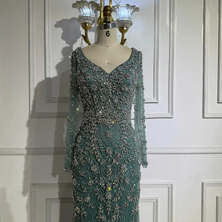 Ships in 2 to 5 Days - Luxury Nude Crystal Beaded Mermaid Evening Gown with Long Sleeves – Designer Formal Dress