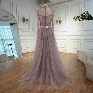 Ships in 2 to 5 Days - Luxury Nude Beaded Arabic-Style Evening Dress – Elegant Gown with Detachable Overskirt