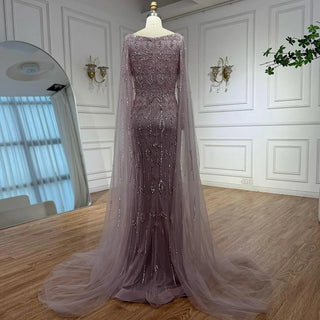 Ships in 2 to 5 Days - Luxury Caramel Saudi-Inspired Evening Dress – Elegant Gown with Long Sleeves and Flowing Cape