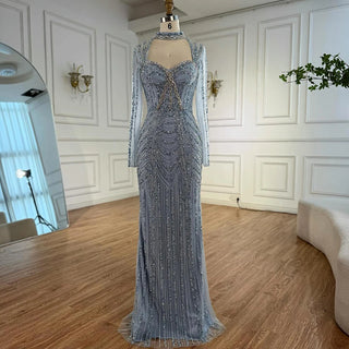 Ships in 2 to 5 Days - 2025 Caramel Beaded Mermaid Evening Gown – Long Sleeve Formal Dress for Weddings & Parties