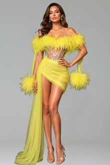 Feathered Corset Draped Mini Dress - LAROSABRIDE