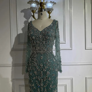 Ships in 2 to 5 Days - Luxury Nude Crystal Beaded Mermaid Evening Gown with Long Sleeves – Designer Formal Dress