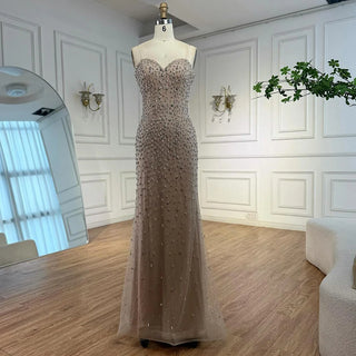 Turquoise Beaded Mermaid Evening Dress with Detachable High-Neck Overlay and Strapless Inner Gown