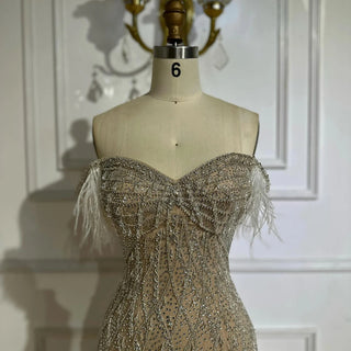 Ships in 2 to 5 Days -2025 Custom Nude Beaded Mermaid Evening Dress – Formal Gown with Feathered Details