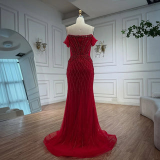 Ships in 2 to 5 Days -2025 Custom Saudi-Style Off-Shoulder Beaded Nude Tulle Mermaid Evening Dress – Formal Occasion Gown