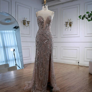 Ships in 2 to 5 Days - Saudi Arabic Spaghetti Strap Mermaid Evening Dress with High Slit for Formal Occasions