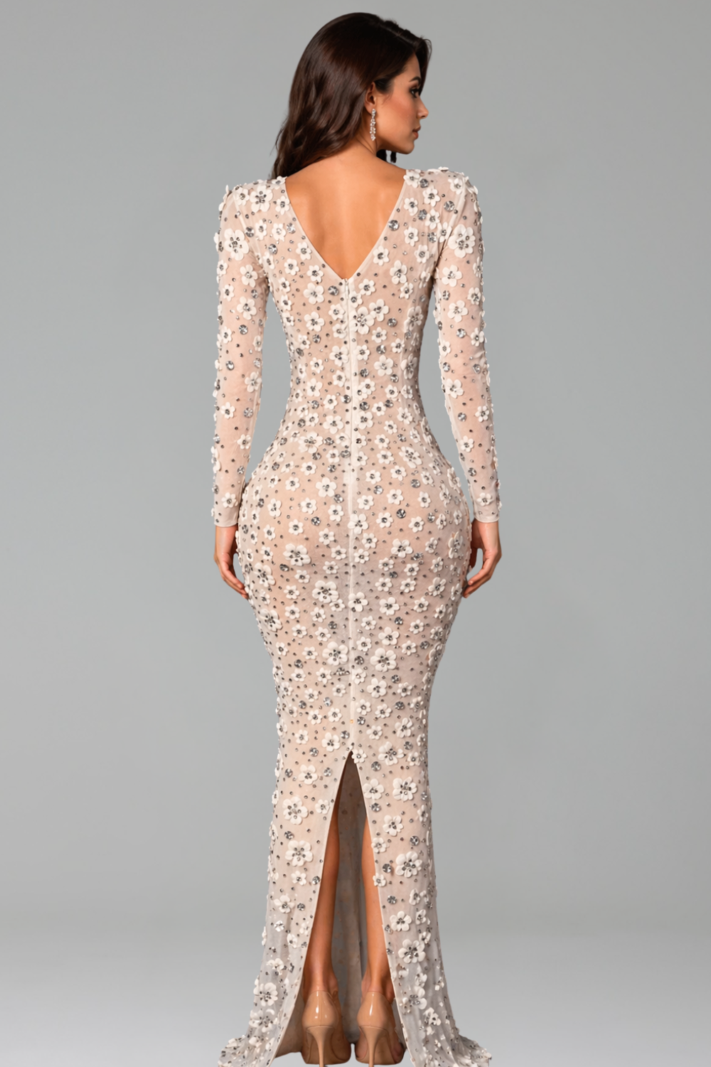 Sheer Floral Embellished Long Sleeve Gown - LAROSABRIDE