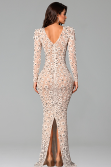 Sheer Floral Embellished Long Sleeve Gown - LAROSABRIDE