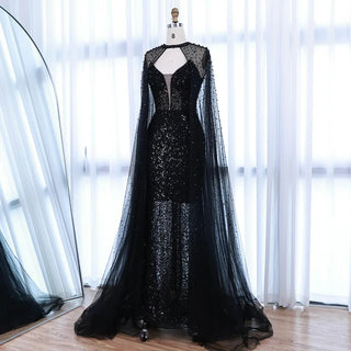 Ships in 2 to 5 Days - Luxury Purple Beaded Sequin Mermaid Evening Gown with Cape – Elegant Formal Dress