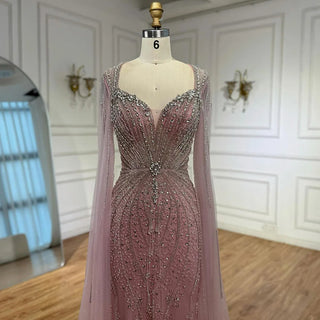 Ships in 2 to 5 Days - Luxury Beige-Pink Beaded Evening Gown – 2025 Formal Dress with Cape Sleeves