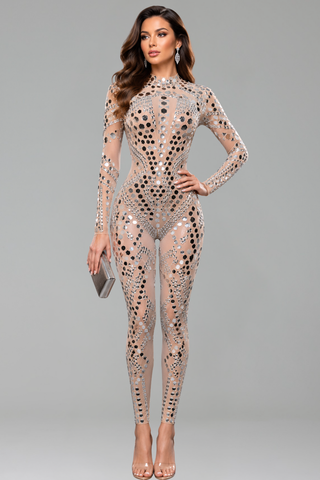 Mirror Embellished Illusion Catsuit