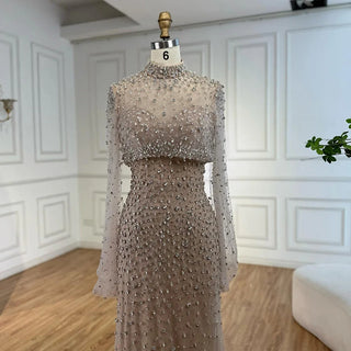 Turquoise Beaded Mermaid Evening Dress with Detachable High-Neck Overlay and Strapless Inner Gown