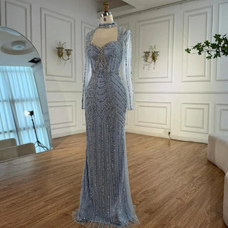 Ships in 2 to 5 Days - 2025 Caramel Beaded Mermaid Evening Gown – Long Sleeve Formal Dress for Weddings & Parties