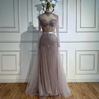 Ships in 2 to 5 Days - Luxury Nude Beaded Arabic-Style Evening Dress – Elegant Gown with Detachable Overskirt
