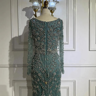 Ships in 2 to 5 Days - Luxury Nude Crystal Beaded Mermaid Evening Gown with Long Sleeves – Designer Formal Dress