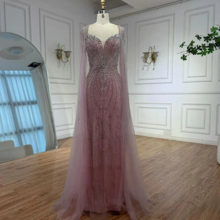 Ships in 2 to 5 Days - Luxury Beige-Pink Beaded Evening Gown – 2025 Formal Dress with Cape Sleeves