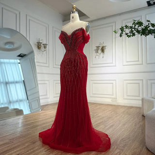 Ships in 2 to 5 Days -2025 Custom Saudi-Style Off-Shoulder Beaded Nude Tulle Mermaid Evening Dress – Formal Occasion Gown