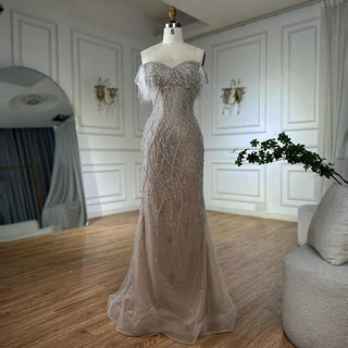 Ships in 2 to 5 Days -2025 Custom Nude Beaded Mermaid Evening Dress – Formal Gown with Feathered Details