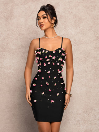 Luxury Black Spaghetti-Strap Bodycon Dress with 3D Rose Appliqués – Modern 2025 Design