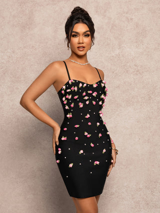 Luxury Black Spaghetti-Strap Bodycon Dress with 3D Rose Appliqués – Modern 2025 Design