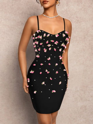 Luxury Black Spaghetti-Strap Bodycon Dress with 3D Rose Appliqués – Modern 2025 Design