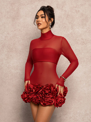 High-Neck Sheer Mesh Bodycon Mini Dress with Dramatic Satin Ruffle Skirt – Modern 2025 Design