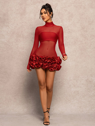 High-Neck Sheer Mesh Bodycon Mini Dress with Dramatic Satin Ruffle Skirt – Modern 2025 Design