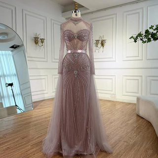 Ships in 2 to 5 Days - Luxury Nude Beaded Arabic-Style Evening Dress – Elegant Gown with Detachable Overskirt