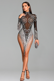 Crystal Swirl Sheer Fringe Bodysuit - LAROSABRIDE