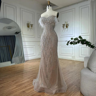 Ships in 2 to 5 Days -2025 Custom Nude Beaded Mermaid Evening Dress – Formal Gown with Feathered Details