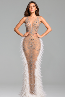 Embellished Illusion Feather Trim Gown - LAROSABRIDE