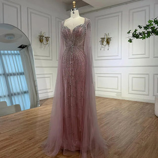 Ships in 2 to 5 Days - Luxury Beige-Pink Beaded Evening Gown – 2025 Formal Dress with Cape Sleeves