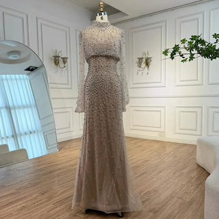 Turquoise Beaded Mermaid Evening Dress with Detachable High-Neck Overlay and Strapless Inner Gown