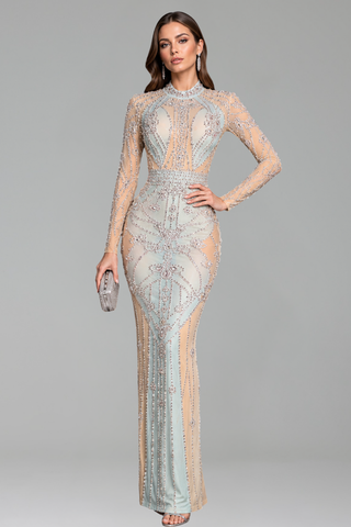 Ice Blue Illusion Beaded Gown