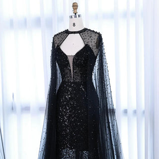 Ships in 2 to 5 Days - Luxury Purple Beaded Sequin Mermaid Evening Gown with Cape – Elegant Formal Dress